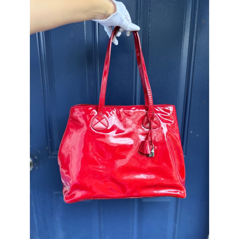 Authentic Celine Red‎ Patent vinyl Tote Bag Shoulder Bag Purse Designer Handbag
